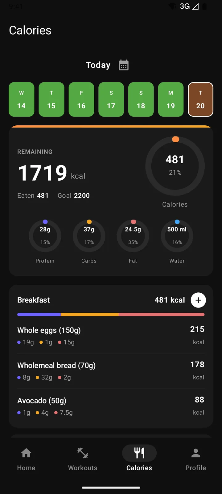 Pump's Calories screen: calories remaining today, macro rings and the breakfast log