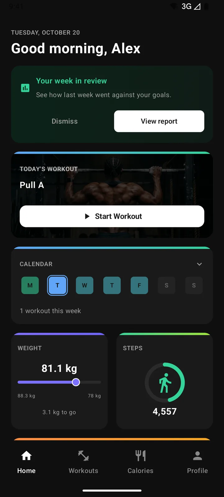 Pump's Home screen: today's workout, the week's calendar, body weight and steps