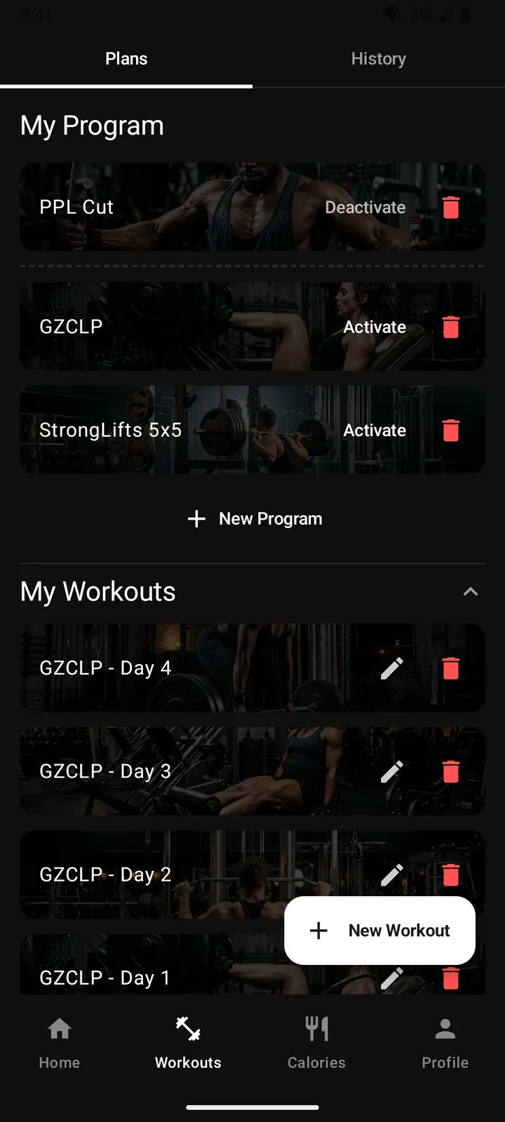 Workouts: active program and saved workouts